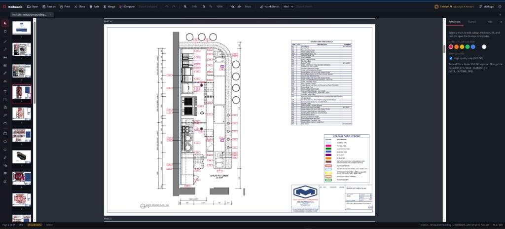Redmark open on a restaurant kitchen drawing with thumbnails, markup tools, and properties