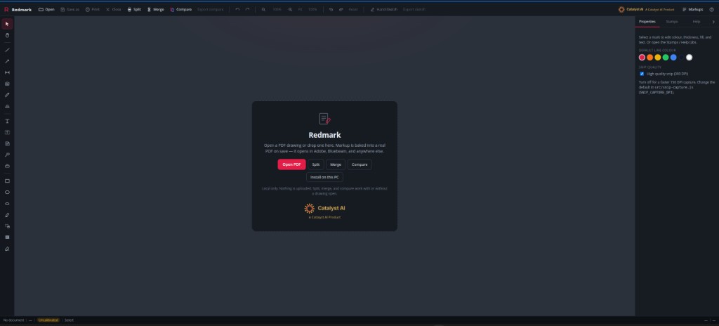 Redmark start screen: Open PDF, Split, Merge, Compare, and Install on this PC